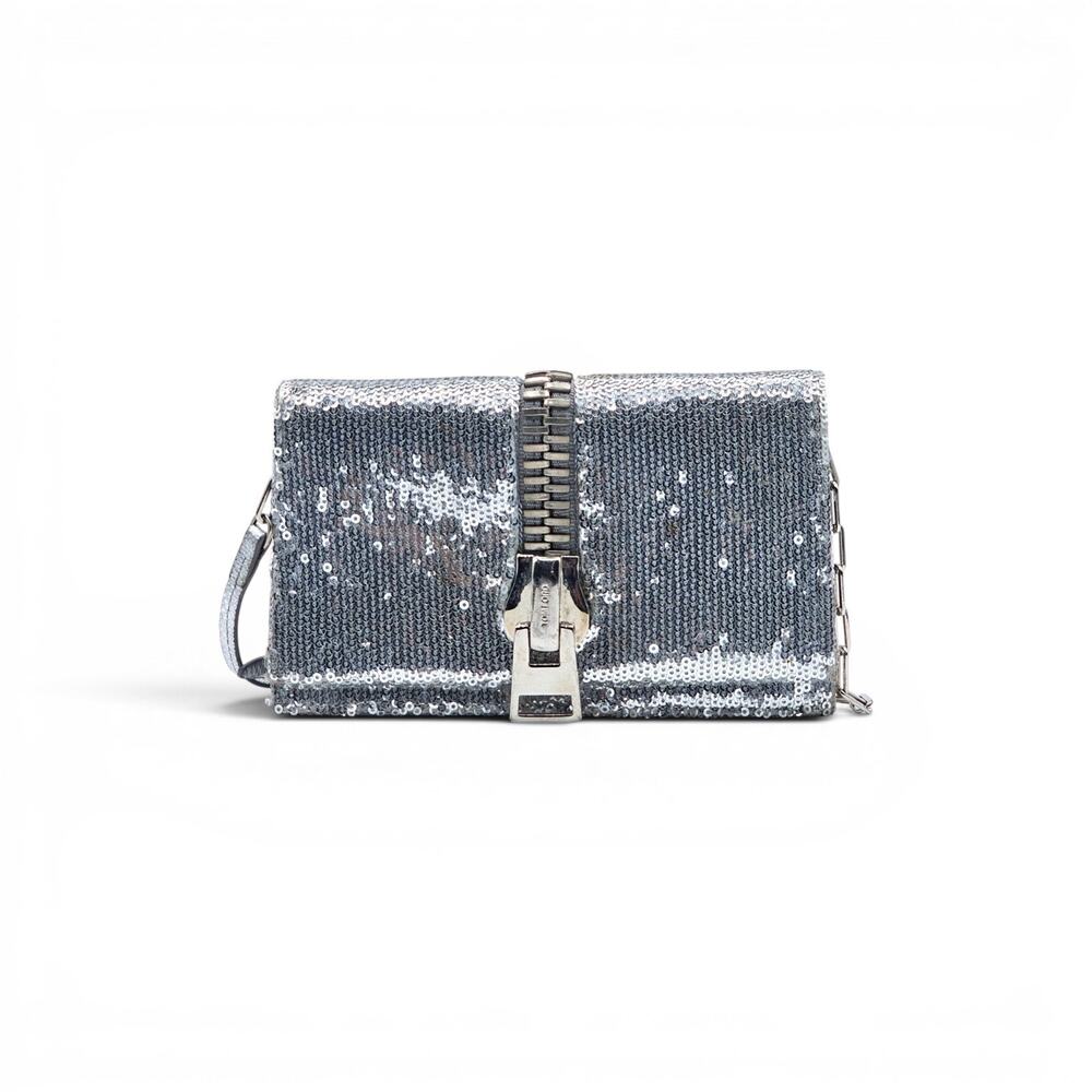 Tom Ford Silver Sequin Clutch With Chain Shoulder Strap with Zipper Detail